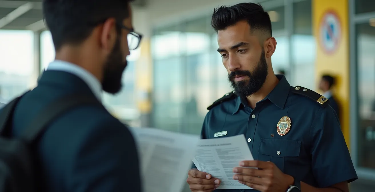 Photographie réaliste d'un contrôle douanier à la frontière Canada-USA, avec un agent vérifiant des documents positivement floutés pour éviter toute lisibilité