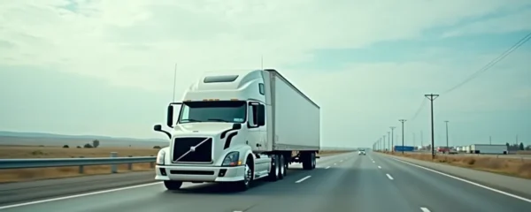 Vue réaliste et photo-réaliste d'un camion de déménagement traversant la frontière entre le Canada et les États-Unis, avec une composition soignée en règle des tiers, un ciel lumineux et un arrière-plan épuré