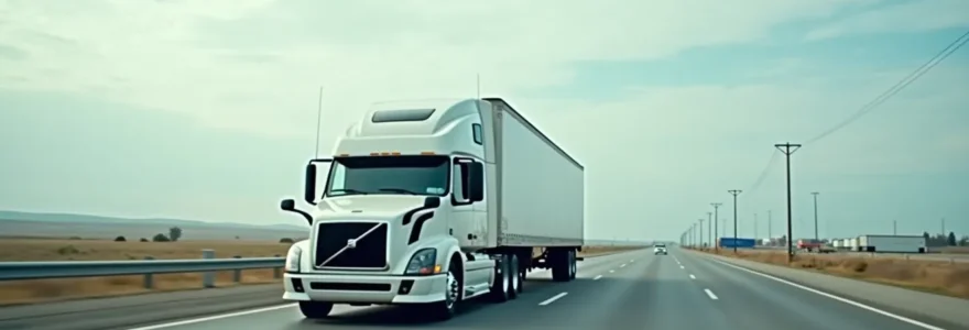 Vue réaliste et photo-réaliste d'un camion de déménagement traversant la frontière entre le Canada et les États-Unis, avec une composition soignée en règle des tiers, un ciel lumineux et un arrière-plan épuré
