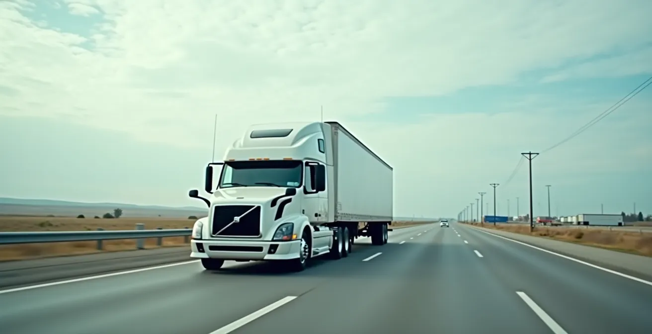 Vue réaliste et photo-réaliste d'un camion de déménagement traversant la frontière entre le Canada et les États-Unis, avec une composition soignée en règle des tiers, un ciel lumineux et un arrière-plan épuré