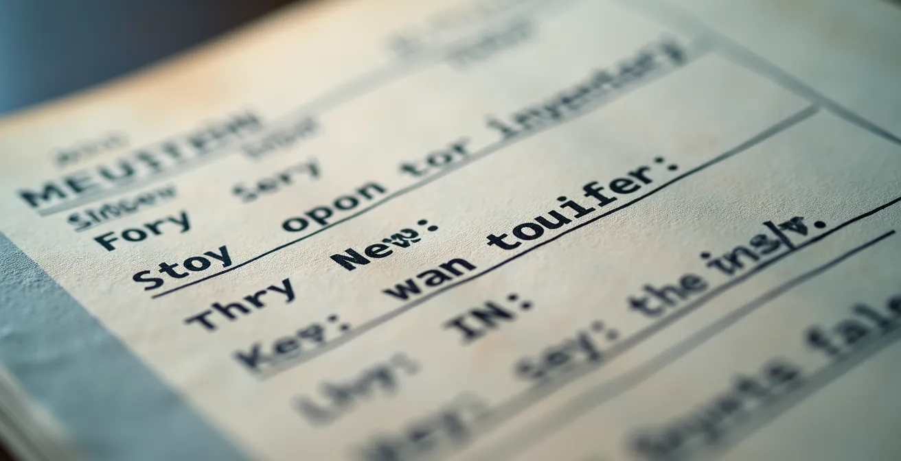 Photo macro détaillée montrant la texture d'un document d'inventaire avec des motifs abstraits et flous, sans texte lisible