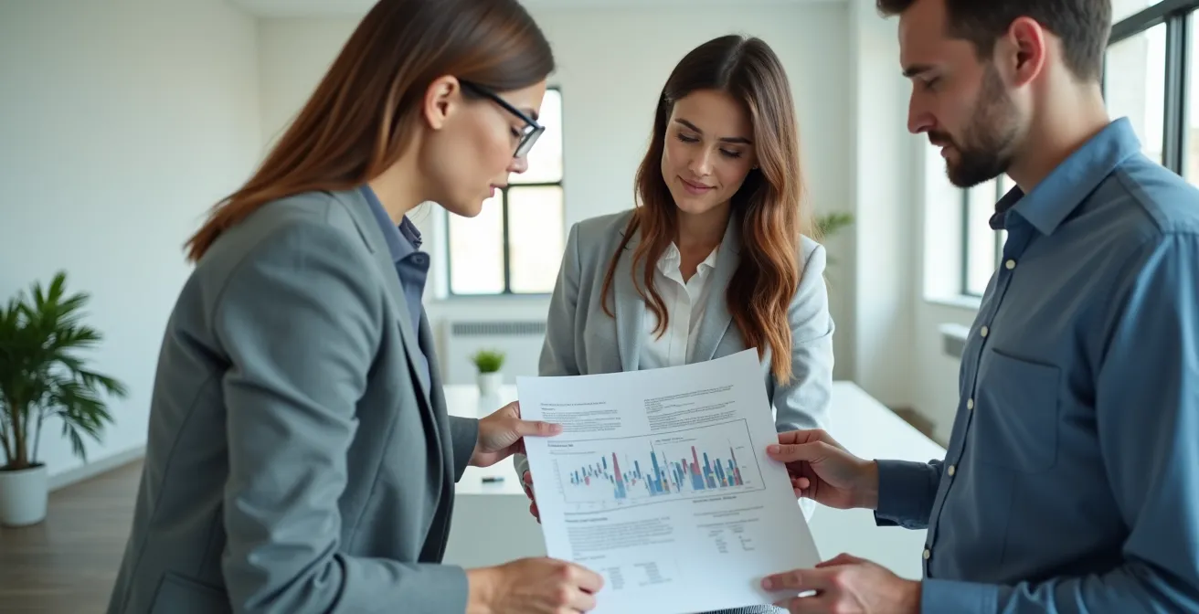 Image réaliste illustrant un expert en déménagement discutant un planning avec un client, ambiance de bureau épuré avec lumière naturelle
