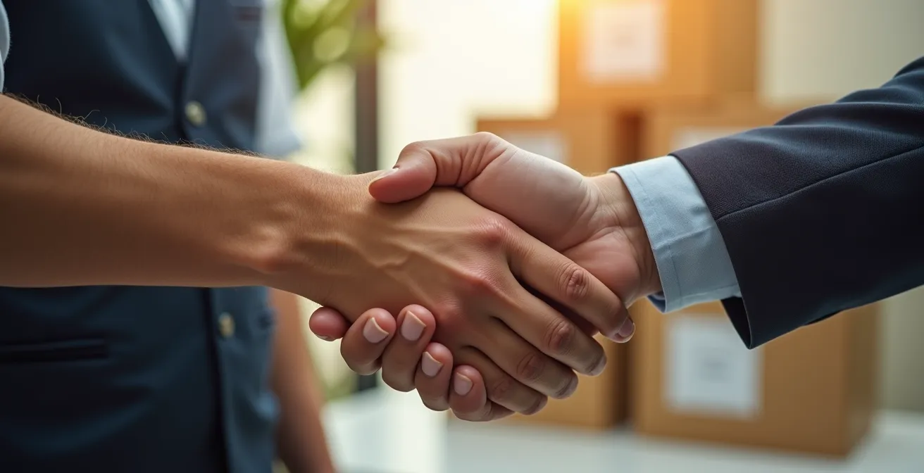 Poignée de main entre client et déménageur professionnel