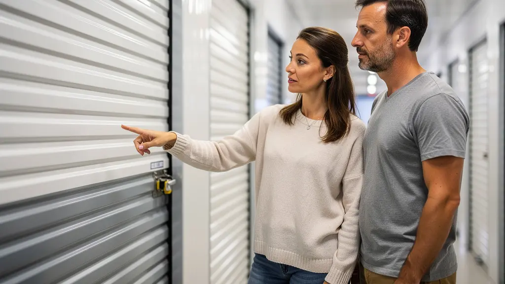 Couple comparant différentes tailles de box de stockage dans un centre de self-stockage