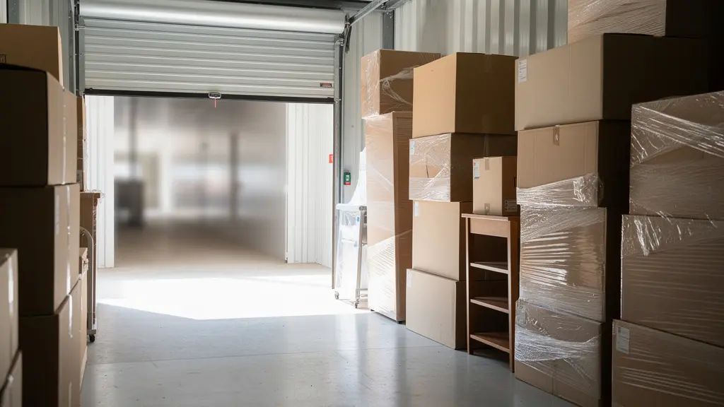 Intérieur d'un box de stockage organisé avec cartons et meubles emballés pour déménagement