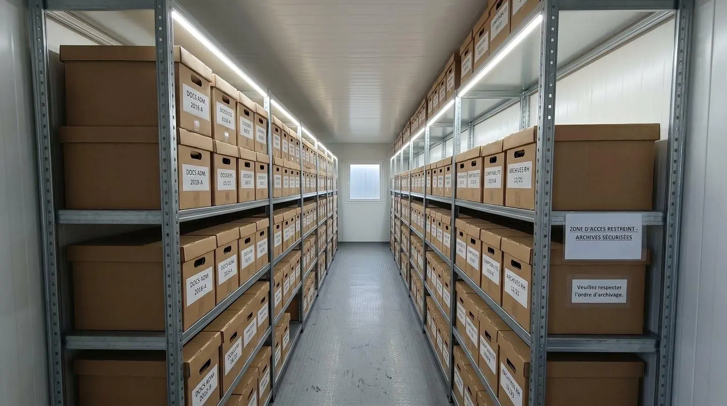 Intérieur d'un container aménagé avec rayonnages métalliques professionnels contenant des boîtes d'archives étiquetées, éclairage LED et parois isolées blanches