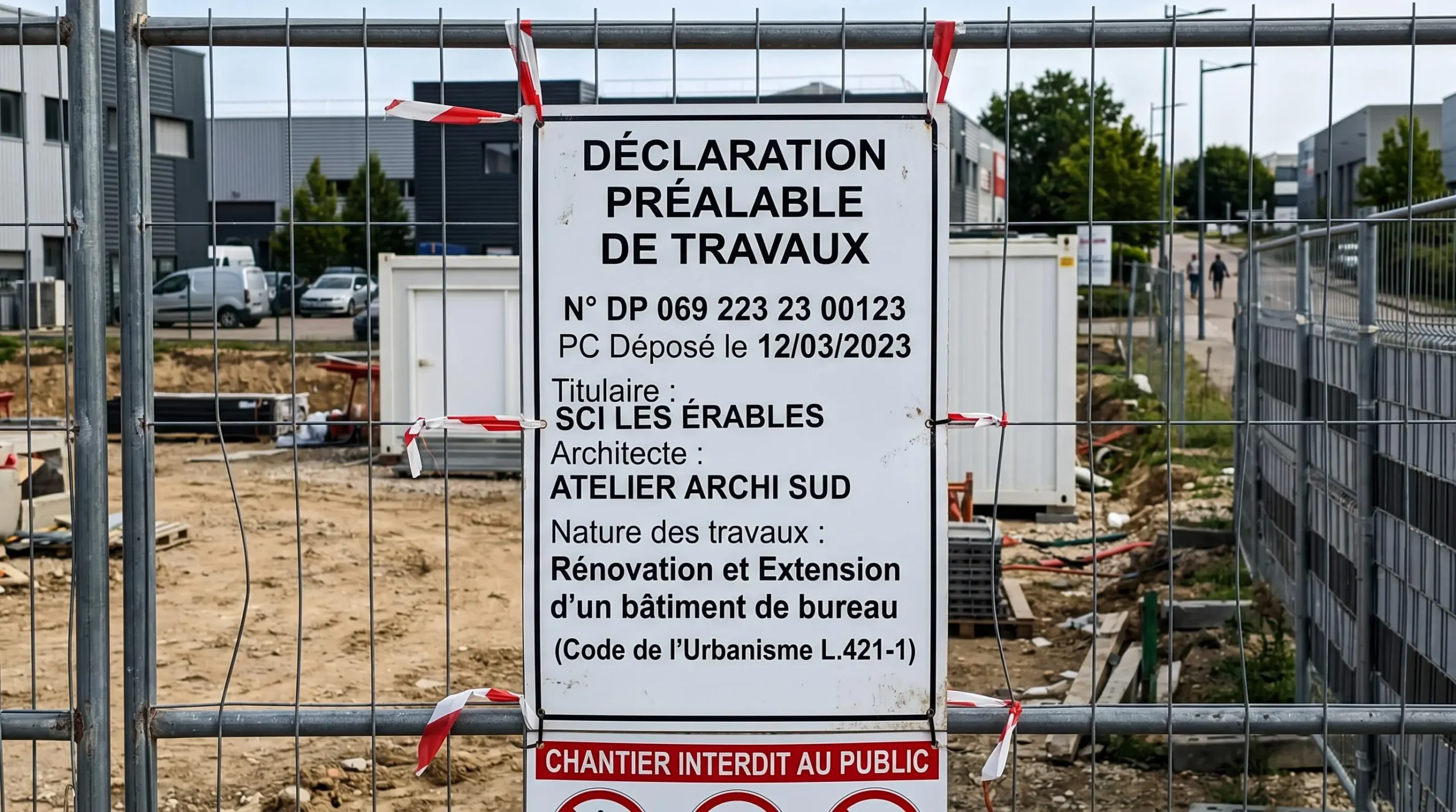 Panneau administratif français 'Déclaration préalable de travaux' affiché sur grillage de chantier dans une zone d'activité