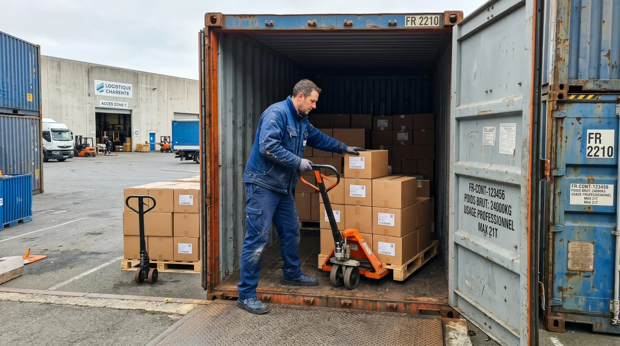 Technicien logistique chargeant des cartons dans un container maritime ouvert à l'aide d'un transpalette dans une zone industrielle