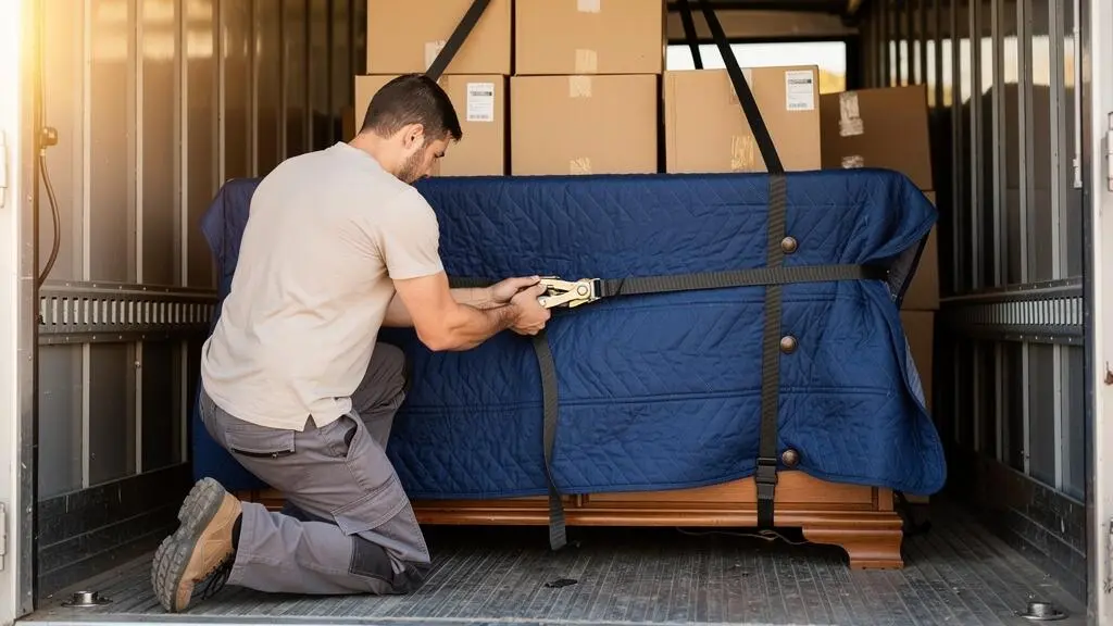 Un déménageur serre une sangle d'arrimage sur une commode emballée à l'intérieur d'un camion de déménagement.