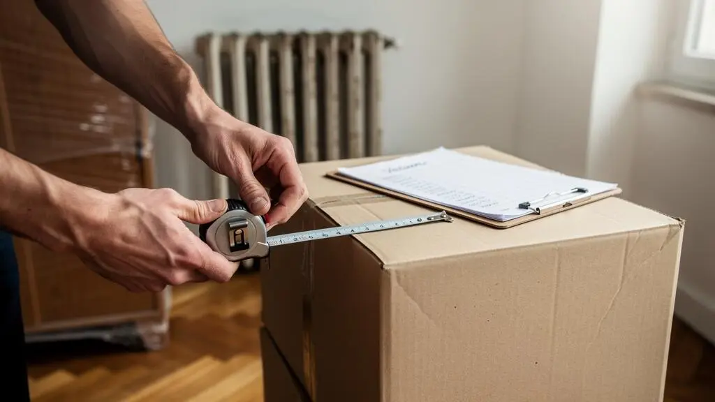 Un déménageur mesure une pile de cartons et de meubles emballés dans un appartement avant un déménagement longue distance.