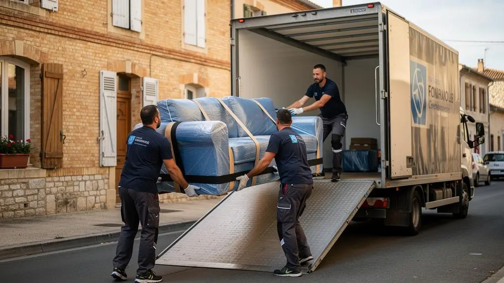 Des déménageurs chargent un canapé protégé par des couvertures dans un camion de déménagement stationné dans une rue résidentielle du Tarn-et-Garonne.